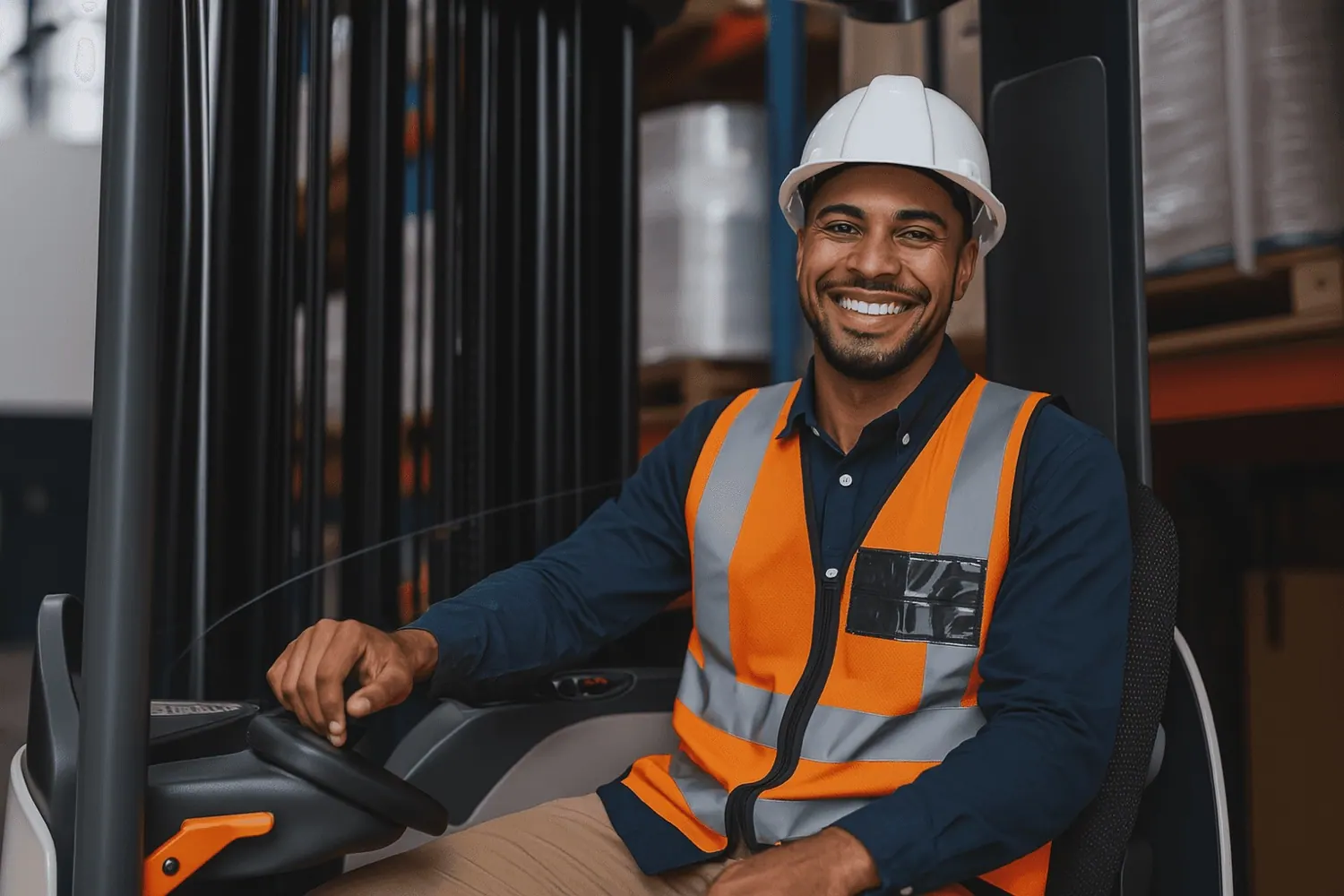 Heftruckchauffeur met veiligheidshelm in een magazijn